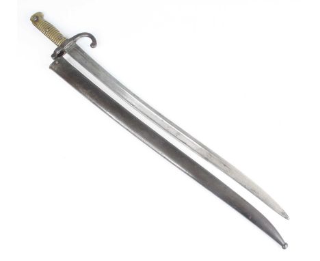 A French model 1866 chassepot bayonet, the 57cm fullered yataghan shaped steel blade etched to the back edge Stehelin &amp; C