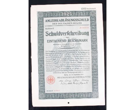 A collection of ephemera to include 1925 Reischmark banknotes in denomiations of 1000, 500, 200, 100, 50, 25 and 12rm 50RPf, 