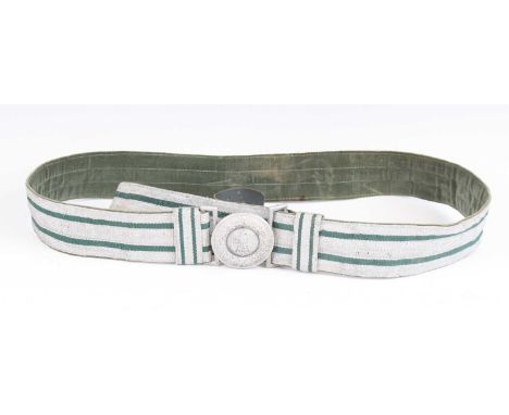 A German Third Reich Heer Officer's parade belt and buckle, the belt in silver bullion brocade with green fabric backing, the