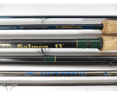 An Orvis Trident TLS Mid flex, 10' two piece 5 1/4 oz 8 w.t fly fishing rod, in red hardcase tube, together with an Titanium 
