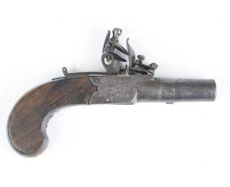 William Green of Canterbury, a 19th century flintlock box-lock pocket pistol, having a 4cm turn-off steel barrel, the frame e