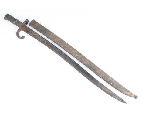 A French model 1866 chassepot bayonet, having a 57cm fullered yataghan shaped steel blade, the hooked quillon with a ribbed b
