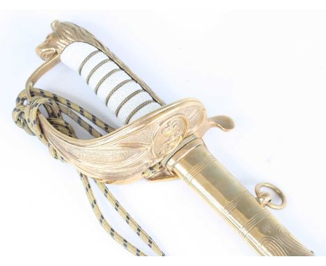 A British 1845 pattern Naval Officer's sword, the 79.5cm fullered blade etched with a crowned E.R. II cypher with fouled anch