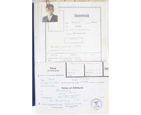 A folder of Third Reich ephemera, to include: Nine ‘Stammbuch’ records (family registers), comprising double-sided fold-out r