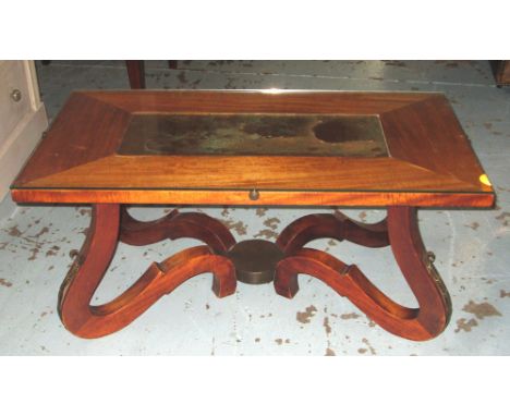 LOW TABLE, Art Deco mahogany and brass mounted with inset rectangular panelled top on leaf applied scroll supports, 43cm H x 