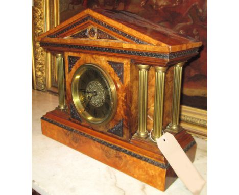 MANTEL CLOCK, early 20th century, of architectural form, the walnut veneered case with gilt highlighted pillars, wire gong st