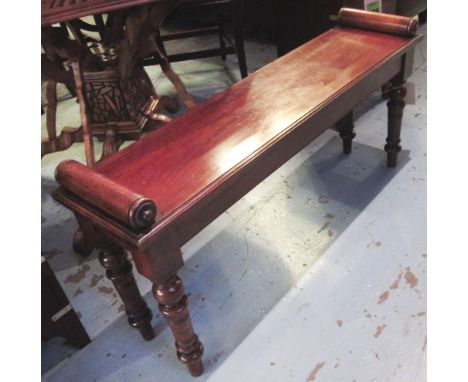 HALL BENCH, Victorian, walnut with sceptre ends and turned supports, 106cm W x 27cm D x 50cm H. 