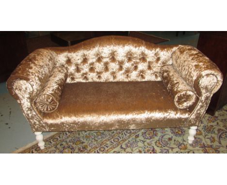 SOFA, in crushed silver velvet of small proportions with buttoned back and bolster cushions, 139cm W.