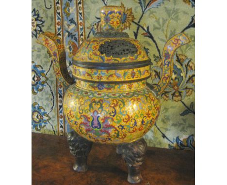 CLOISONNE KORO, of traditinoal lidded form, famille jaune ground with coloured enamel designs, 58cm H x 34cm W maximum. 