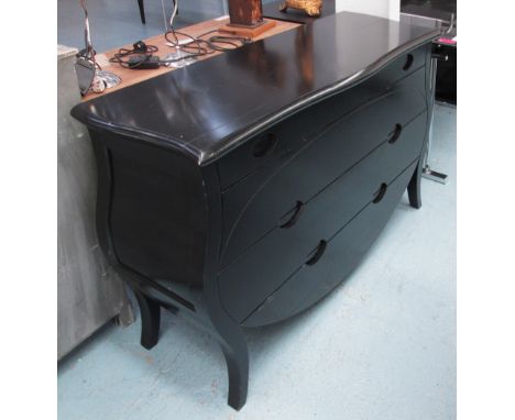 COMMODE, Continental Grange style, ebonised with four long drawers below, 145cm x 83cm H x 45cm. (with faults) (To be sold on