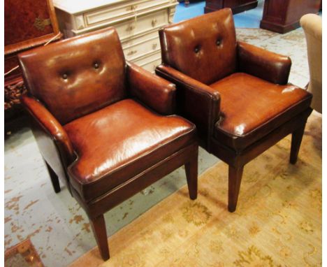 TUB ARMCHAIRS, a pair, land finished tan brown leather upholstered with two button back and square supports.