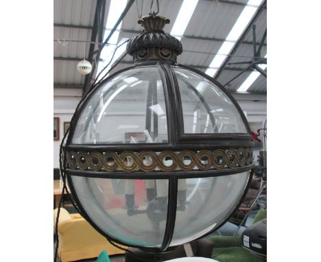 GLOBE CEILING LIGHT, four branches, in a metal frame with glass inserts, 60cm H, plus chain. 