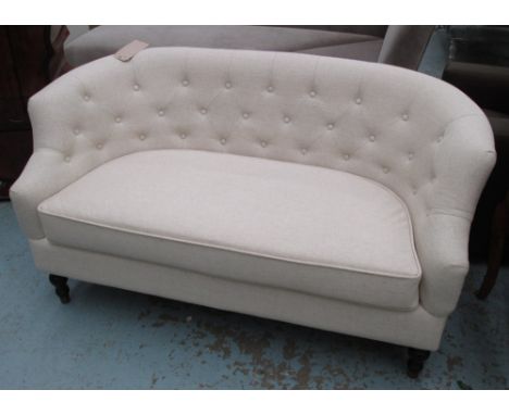 SOFA, two seater, button back in oatmeal fabric on turned supports, 146cm L. 