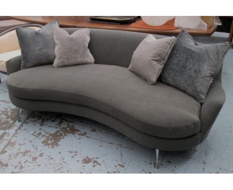 SOFA, two seater, curved back in grey fabric on chromed metal supports, plus four scatter cushions, 214cm L. 