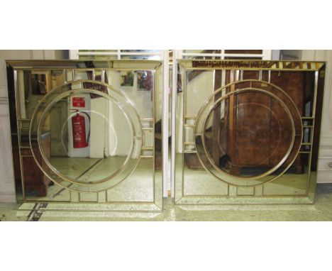 WALL MIRRORS, a pair, Art Deco design with square silvered frames and inset circular plates, 110cm x 110cm. (2)