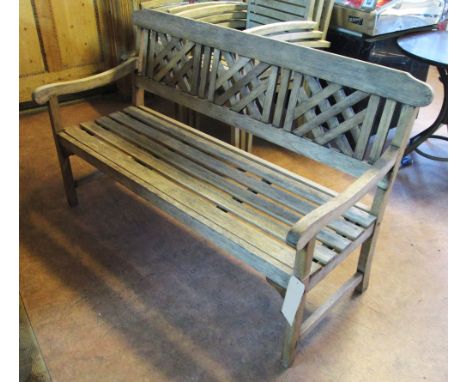 GARDEN BENCH, vintage weathered with trellis back and square supports, 138cm W. 