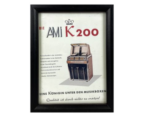 Framed AMI K 200 selection jukebox German advertisement. Dimensions (H x W x D): 34 x 25 x 3 cm. Condition: Good. Location: T