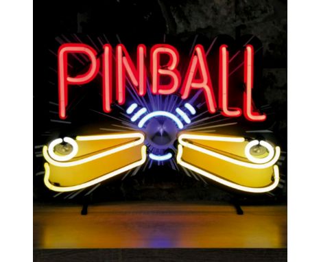 Pinball neon sign with a colorful printed backplate. Looks great both turned on and off. Metal frame with glass tubes. Requir