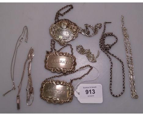 3 silver decanter labels, silver necklaces and chains 