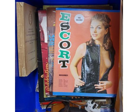Vintage pin-up magazines, a clock etc 