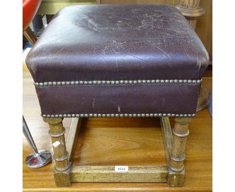 A leather upholstered stool on turned oak frame, a candle stand, and standard lamp 