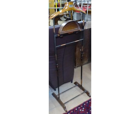 A Vintage brass and stained beech valet stand, bearing label for The Watt's Dumb Valet 