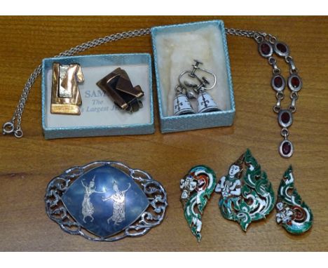 Renoir stylised earrings, silver and enamel earrings, a silver and enamel brooch, a necklace etc 