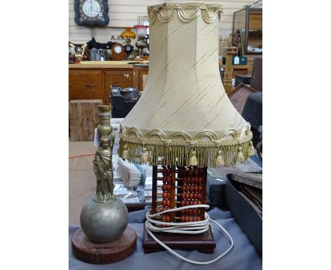 Framed West Java hair accessory, an abacus table lamp, and a brass lamp base, and a bird figure wall bracket 