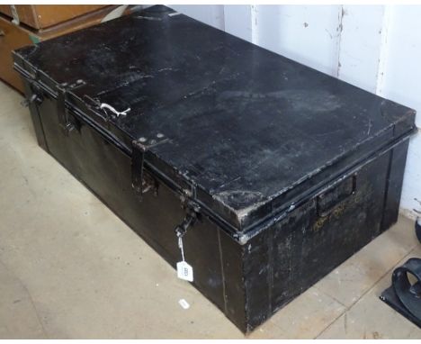 A painted black tin trunk, and a quantity of hand tools 
