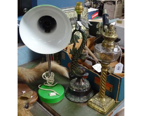 A verdigris brass fish table lamp, 43cm, a desk lamp, and a brass barley twist oil lamp 