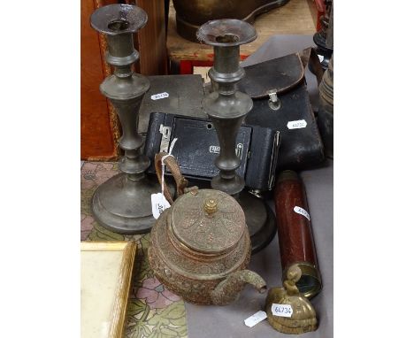 A telescope by G Willson, London, a Kodak folding camera, pewter items etc 