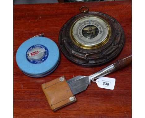 Buck Bros chisel with rosewood handle, a barometer, and a Rabone/Chesterman 10 metre tape 