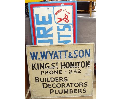 A French enamel Coiffure sign, 91cm, and a painted wood sign 