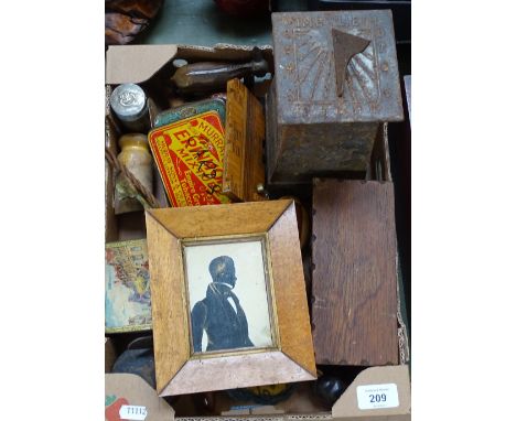 Vintage decorative tins, a letter opener, a silhouette etc 