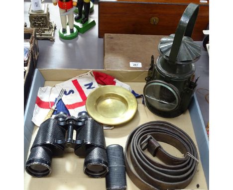 HMS Frobisher brass plaque, New Zealand Shipping Company pennants, Lichter 7x50 binoculars, cased spectacles, a leather belt,