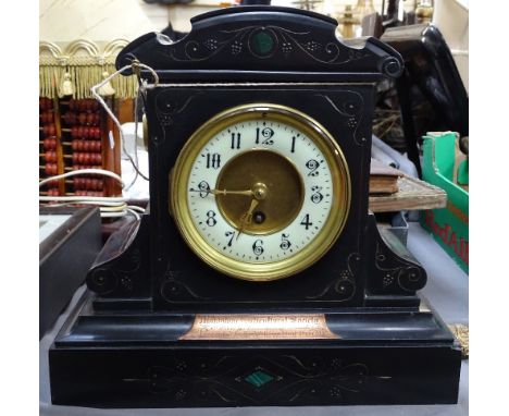 A slate-cased mantel clock with presentation plaque, height 29.5cm 