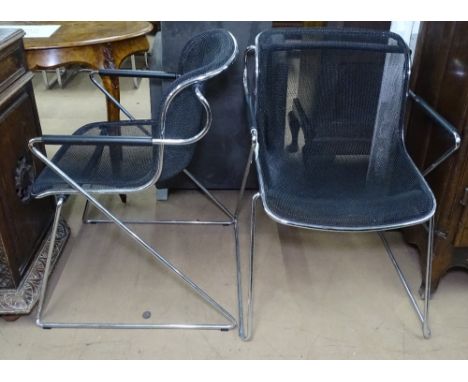 A pair of Charles Pollock "Penelope" armchairs in chrome steel and black mesh, by Castelli, Italy