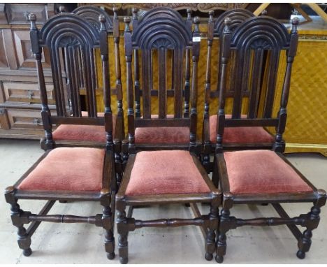 A set of 6 Liberty Lochleven Arts and Crafts oak dining chairs, Liberty enamel labels to underside 