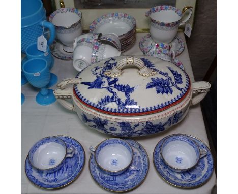 Crown Staffordshire teaware, a Victorian tureen, and 3 Victorian porcelain cups and saucers 