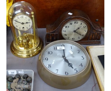A 400-day clock under dome, 28cm, a GPO electric wall clock, and an oak-cased mantel clock 