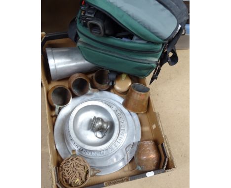 A Canon camera, metal plates and dishes, copper mugs etc 