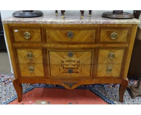 A Continental marble-top 3-drawer walnut commode, having inlaid banding and marquetry decoration, raised on cabriole legs 