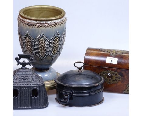 A 19th century dome-top walnut box with brass mounts, length 19cm, a Doulton oil lamp base, a cast-iron cloche, and a 19th ce
