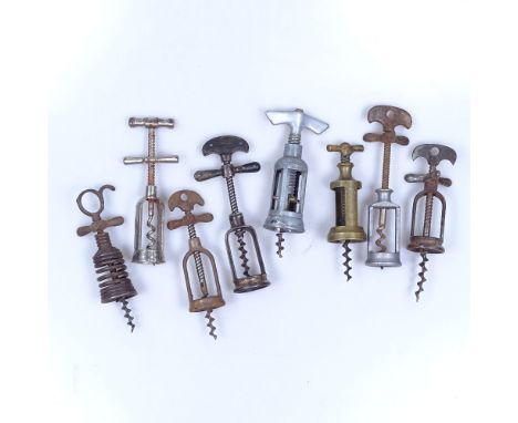 A brass corkscrew and 7 other metal corkscrews, including Perille Fly Nut 
