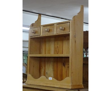 A hanging pine shelf with 3 spice drawers, W67cm 