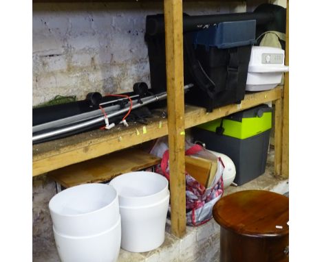 A collection of items to include a electric coolbox, kitchenalia, plant pots, a meat grinder, dehumidifier, fishing rods, fis