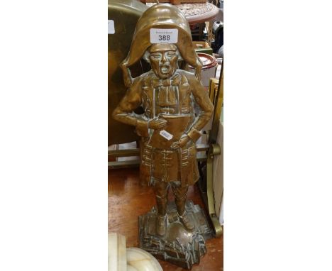 A brass Town Crier figure fire companion stand, and tools, 53cm 