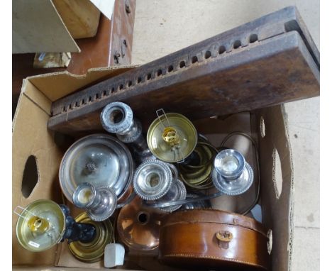Candlesticks, a lamp, a cigar box etc 