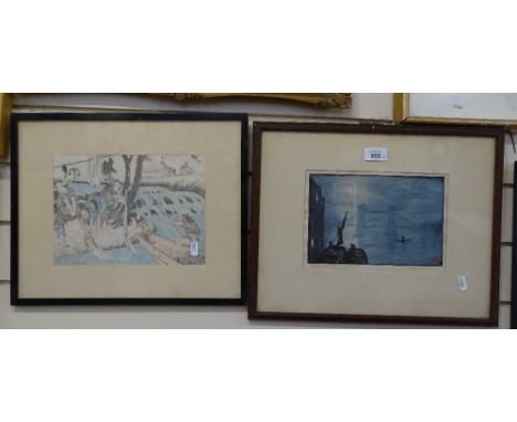 Chuji Kurihara, lithograph, London Bridge, signed in pencil, 6" x 9", framed, together with Hokusai, woodblock print, working