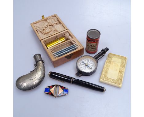 A boxed microscope and slides, 8cm across, a pen, a compass, card case etc 